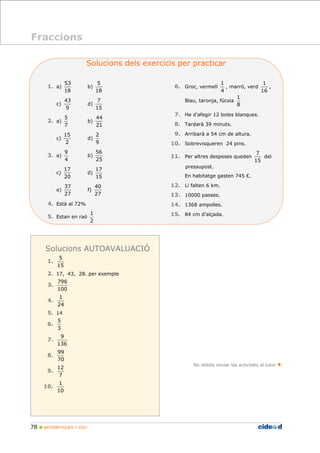 Solucions dels exercicis per practicar 
1. a) 
53 
18 
43 
5 
15 
9 
17 
37 
5 
796 
1 
5 
9 
99 
12 
1 
78  MATEMÀTIQUES 1r ESO 
b) 
5 
18 
c) 
9 
d) 
7 
15 
2. a) 
7 
b) 
44 
21 
c) 
2 
d) 
2 
9 
3. a) 
4 
b) 
56 
25 
c) 
20 
d) 
17 
15 
e) 
27 
f) 
40 
27 
4. Està al 72% 
5. Estan en raó 
1 
2 
6. Groc, vermell 
1 
, marró, verd 
4 
1 
16 
, 
Blau, taronja, fúcsia 
1 
8 
7. He d’afegir 12 boles blanques. 
8. Tardarà 39 minuts. 
9. Arribarà a 54 cm de altura. 
10. Sobrevisqueren 24 pins. 
11. Per altres despeses queden 
7 
15 
del 
pressupost. 
En habitatge gasten 745 €. 
12. Li falten 6 km. 
13. 10000 passes. 
14. 1368 ampolles. 
15. 84 cm d’alçada. 
No oblidis enviar las activitats al tutor  
Fraccions 
Solucions AUTOAVALUACIÓ 
1. 
15 
2. 17, 43, 28. per exemple 
3. 
100 
4. 
24 
5. 14 
6. 
3 
7. 
136 
8. 
70 
9. 
7 
10. 
10 
