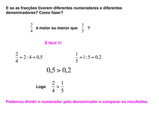 E se as fracções tiverem diferentes numeradores e diferentes
denominadores? Como fazer?
4
2
5
1
é maior ou menor que ?
É fácil !!!
5,04:2
4
2
== 2,05:1
5
1
==
2,05,0 >
Logo
5
1
4
2
>
Podemos dividir o numerador pelo denominador e comparar os resultados.
 