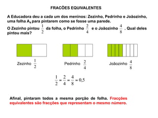 FRACÕES EQUIVALENTES
A Educadora deu a cada um dos meninos: Zezinho, Pedrinho e Joãozinho,
uma folha A4 para pintarem como se fosse uma parede.
O Zezinho pintou da folha, o Pedrinho e o Joãozinho . Qual deles
pintou mais? 2
1
4
2
8
4
Zezinho Pedrinho Joãozinho
2
1
8
4
4
2
5,0
8
4
4
2
2
1
===
Afinal, pintaram todos a mesma porção de folha. Fracções
equivalentes são fracções que representam o mesmo número.
 