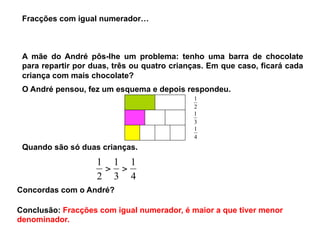 Fracções com igual numerador…
A mãe do André pôs-lhe um problema: tenho uma barra de chocolate
para repartir por duas, três ou quatro crianças. Em que caso, ficará cada
criança com mais chocolate?
Quando são só duas crianças.
4
1
3
1
2
1
>>
Concordas com o André?
Conclusão: Fracções com igual numerador, é maior a que tiver menor
denominador.
2
1
3
1
4
1
O André pensou, fez um esquema e depois respondeu.
 