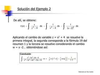 Elaborado por Elsa Guédez
Solución del Ejemplo 2
De allí, se obtiene:
Aplicando el cambio de variable z = x2 + 4 se resuelve la
primera integral, la segunda corresponde a la fórmula 19 del
resumen 1 y la tercera se resuelve considerando el cambio
w = x -2… obteniéndose así:
 