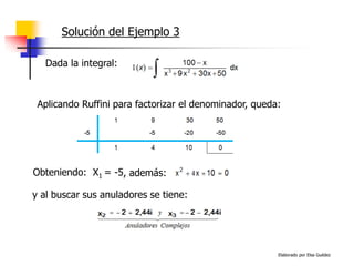 Elaborado por Elsa Guédez
Solución del Ejemplo 3
Dada la integral:
Aplicando Ruffini para factorizar el denominador, queda:
Obteniendo: X1 = -5, además:
y al buscar sus anuladores se tiene:
 