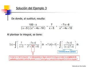 Elaborado por Elsa Guédez
Solución del Ejemplo 3
De donde, al sustituir, resulta:
Al plantear la integral, se tiene:
 