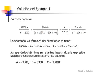 Elaborado por Elsa Guédez
Solución del Ejemplo 4
En consecuencia:
Comparando los términos del numerador se tiene:
Agrupando los términos semejantes, igualando a la expresión
racional y resolviendo el sistema, se obtiene:
A = -3300, B = 3300, C = 33000
 