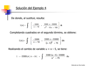 Elaborado por Elsa Guédez
Solución del Ejemplo 4
De donde, al sustituir, resulta:
Completando cuadrados en el segundo término, se obtiene:
Realizando el cambio de variable u = x – 5, se tiene:
 