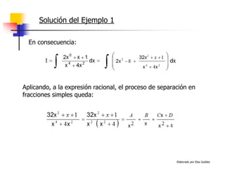Elaborado por Elsa Guédez
Solución del Ejemplo 1
En consecuencia:
Aplicando, a la expresión racional, el proceso de separación en
fracciones simples queda:
 