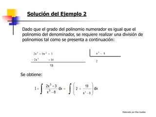 Elaborado por Elsa Guédez
Solución del Ejemplo 2
Dado que el grado del polinomio numerador es igual que el
polinomio del denominador, se requiere realizar una división de
polinomios tal como se presenta a continuación:
Se obtiene:
 