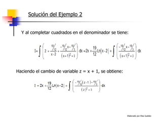 Elaborado por Elsa Guédez
Solución del Ejemplo 2
Y al completar cuadrados en el denominador se tiene:
Haciendo el cambio de variable z = x + 1, se obtiene:
 