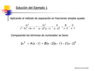 Elaborado por Elsa Guédez
Solución del Ejemplo 1
Comparando los términos de numerador se tiene:
Aplicando el método de separación en fracciones simples queda:
 