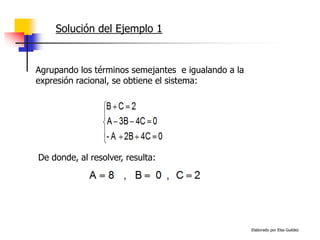 Elaborado por Elsa Guédez
Solución del Ejemplo 1
Agrupando los términos semejantes e igualando a la
expresión racional, se obtiene el sistema:
De donde, al resolver, resulta:
 