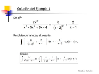 Elaborado por Elsa Guédez
Solución del Ejemplo 1
Resolviendo la integral, resulta:
De allí:
 