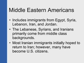 Middle Eastern Americans Includes immigrants from Egypt, Syria, Lebanon, Iran, and Jordan. The Lebanese, Syrians, and Iranians primarily come from middle class backgrounds. Most Iranian immigrants initially hoped to return to Iran; however, many have become U.S. citizens. 