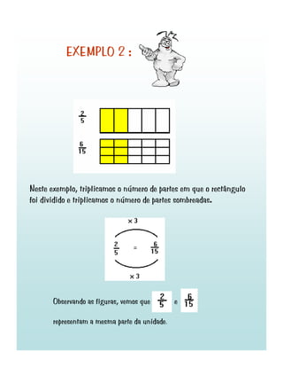 EXEMPLO 2 :

Neste exemplo, triplicamos o número de partes em que o rectângulo
foi dividido e triplicamos o número de partes sombreadas.

Observando as figuras, vemos que
representam a mesma parte da unidade.

e

 