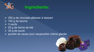Ingrédients:
 250 g de chocolat pâtissier à dessert
 150 g de beurre
 3 oeufs
 20 g de farine de blé
 30 g de sucre
 poudre de cacao pour saupoudrer crème glacée
 