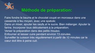 Méthode de préparation:
Faire fondre le beurre et le chocolat coupé en morceaux dans une
casserole à feu moyen, avec une spatule;
Dans un mixer, ajouter les oeufs et le sucre. Bien mélanger. Ajouter la
farine. Incorporer tous délicatement à la préparation;
Verser la préparation dans des petits moules;
Enfourner et laisser cuire pendant environ 13 minutes.
Surveiller la cuisson très régulièrement à partir de 10 minutes car le
cœur doit être à peine cuit.
 