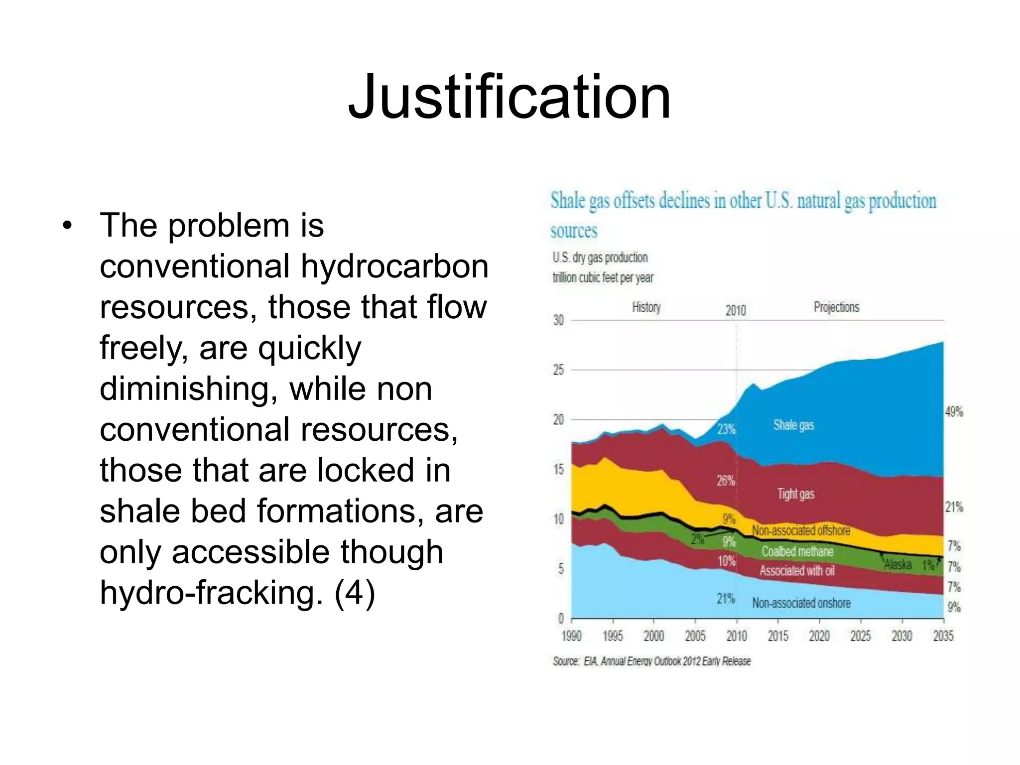 Justification
• The problem is
conventional hydrocarbon
resources, those that flow
freely, are quickly
diminishing, while non
conventional resources,
those that are locked in
shale bed formations, are
only accessible though
hydro-fracking. (4)
 