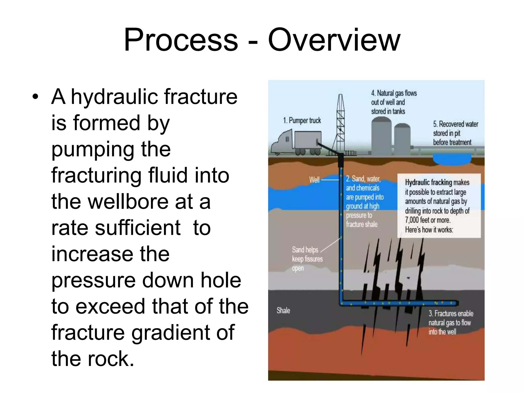 Process - Overview
• A hydraulic fracture
is formed by
pumping the
fracturing fluid into
the wellbore at a
rate sufficient to
increase the
pressure down hole
to exceed that of the
fracture gradient of
the rock.
 
