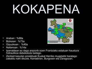 KOKAPENA
• Araban : %88a
• Bizkaian : %73a
• Gipuzkoan : %40a
• Nafarroan : %14a
• Iparraldean ez dago arazorik ezen Frantziako estatuan haustura
hidraulikoa debekatuta baitago.
• Zenbait kasutan proiektuak Euskal Herriko mugetatik haratago
zabaldu nahi dituzte, Kantabrian, Burgosen eta Zaragozan.
 