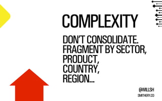 COMPLEXITY
DON’T CONSOLIDATE.
FRAGMENT BY SECTOR,
PRODUCT,
COUNTRY,
REGION...
@WILLSH
SMITHERY.CO

 