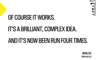 OF COURSE IT WORKS.
IT’S A BRILLIANT, COMPLEX IDEA.
AND IT’S NOW BEEN RUN FOUR TIMES.
@WILLSH
SMITHERY.CO

 