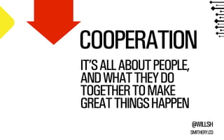 COOPERATION
IT’S ALL ABOUT PEOPLE,
AND WHAT THEY DO
TOGETHER TO MAKE
GREAT THINGS HAPPEN
@WILLSH
SMITHERY.CO

 