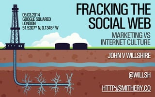 05.03.2014
GOOGLE SQUARED
LONDON
51.5207° N, 0.1345° W

FRACKING THE
SOCIAL WEB
MARKETING VS
INTERNET CULTURE

JOHN V WILLSHIRE
@WILLSH
@WILLSH

HTTP://SMITHERY.CO
SMITHERY.CO

 