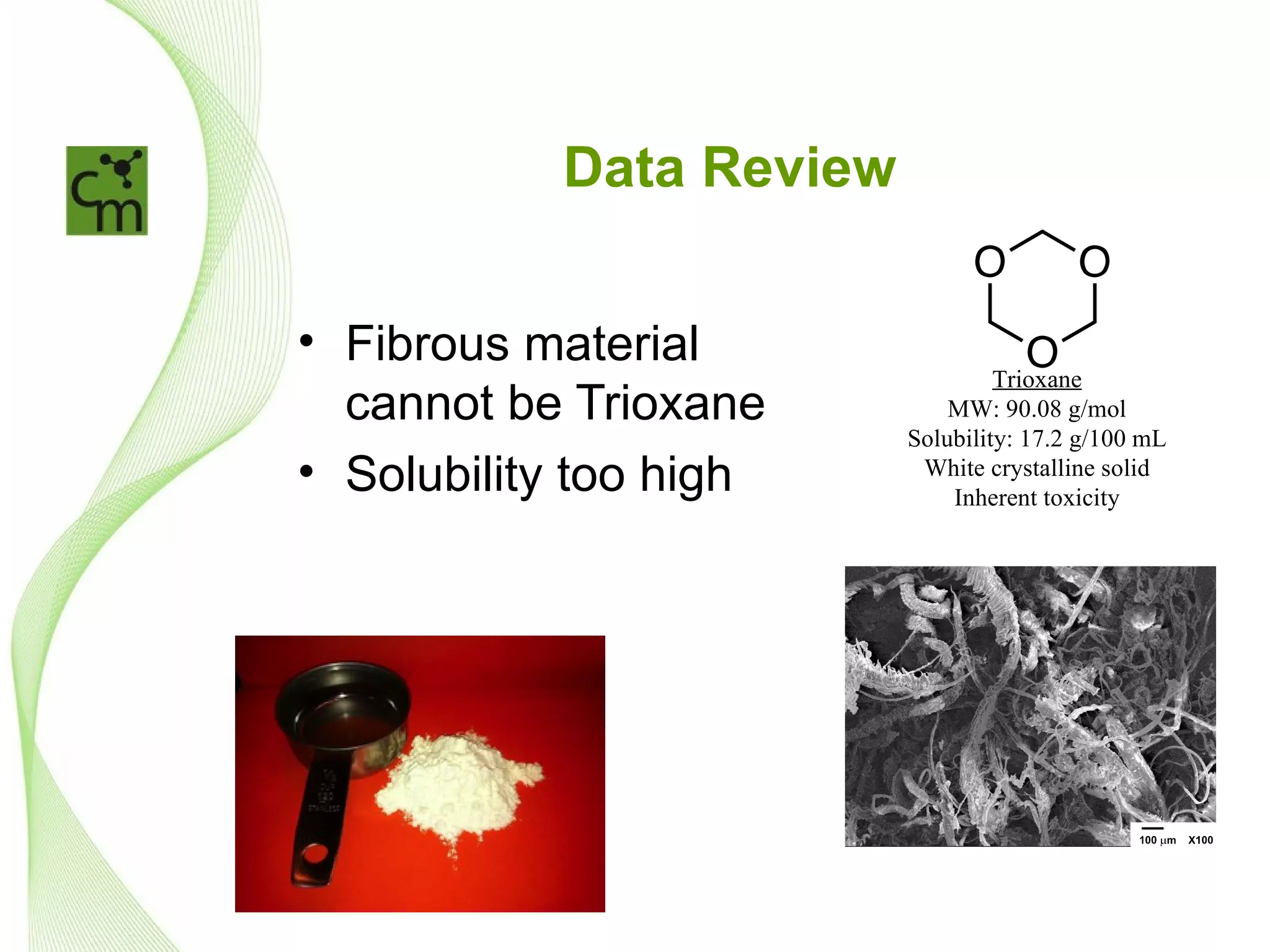 Data Review


• Fibrous material
                                  Trioxane
  cannot be Trioxane         MW: 90.08 g/mol
                         Solubility: 17.2 g/100 mL
• Solubility too high     White crystalline solid
                             Inherent toxicity
 