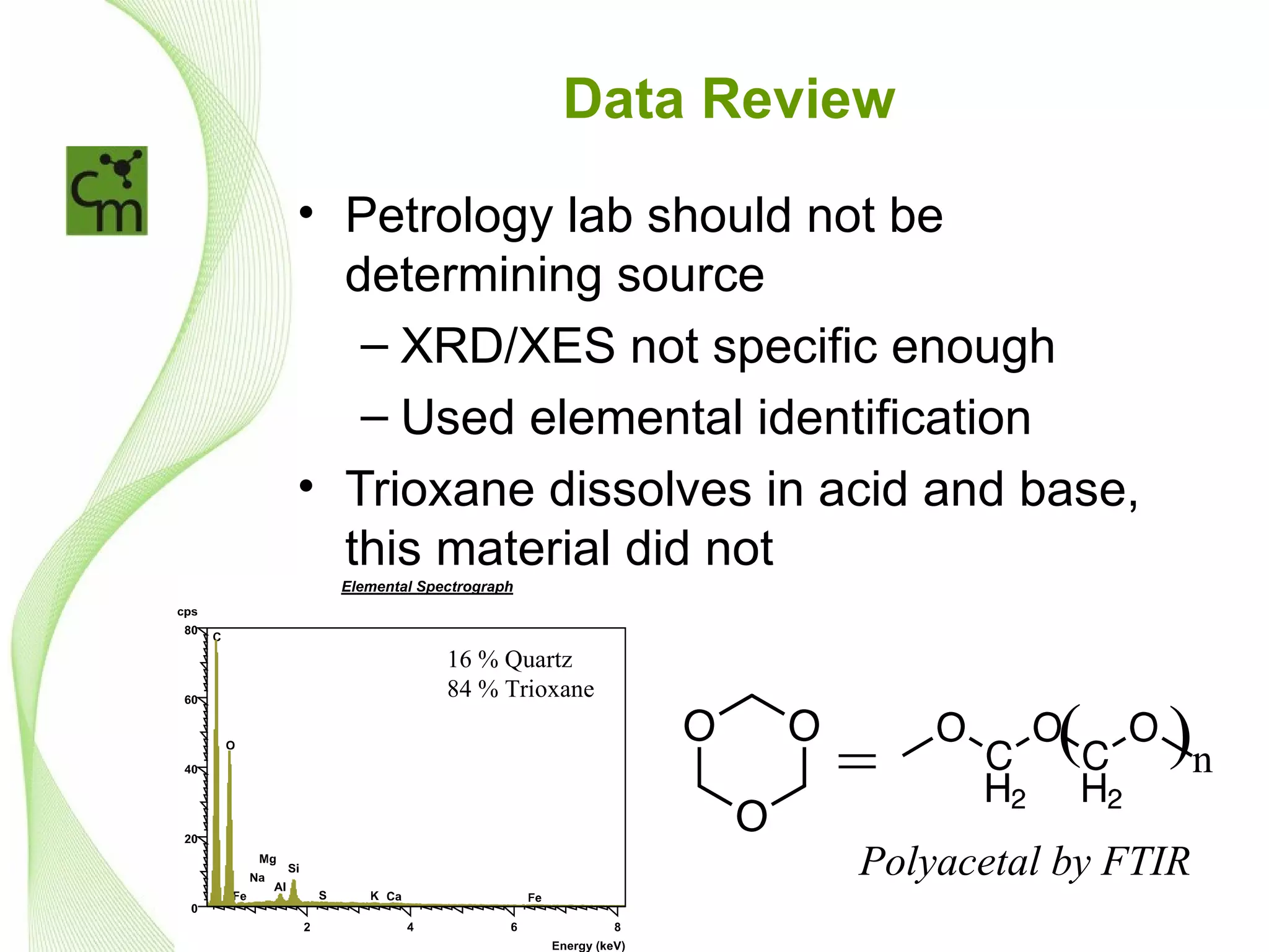 Data Review
• Petrology lab should not be
  determining source
   – XRD/XES not specific enough
   – Used elemental identification
• Trioxane dissolves in acid and base,
  this material did not

      16 % Quartz
      84 % Trioxane


                         =         (     )n
                         Polyacetal by FTIR
 