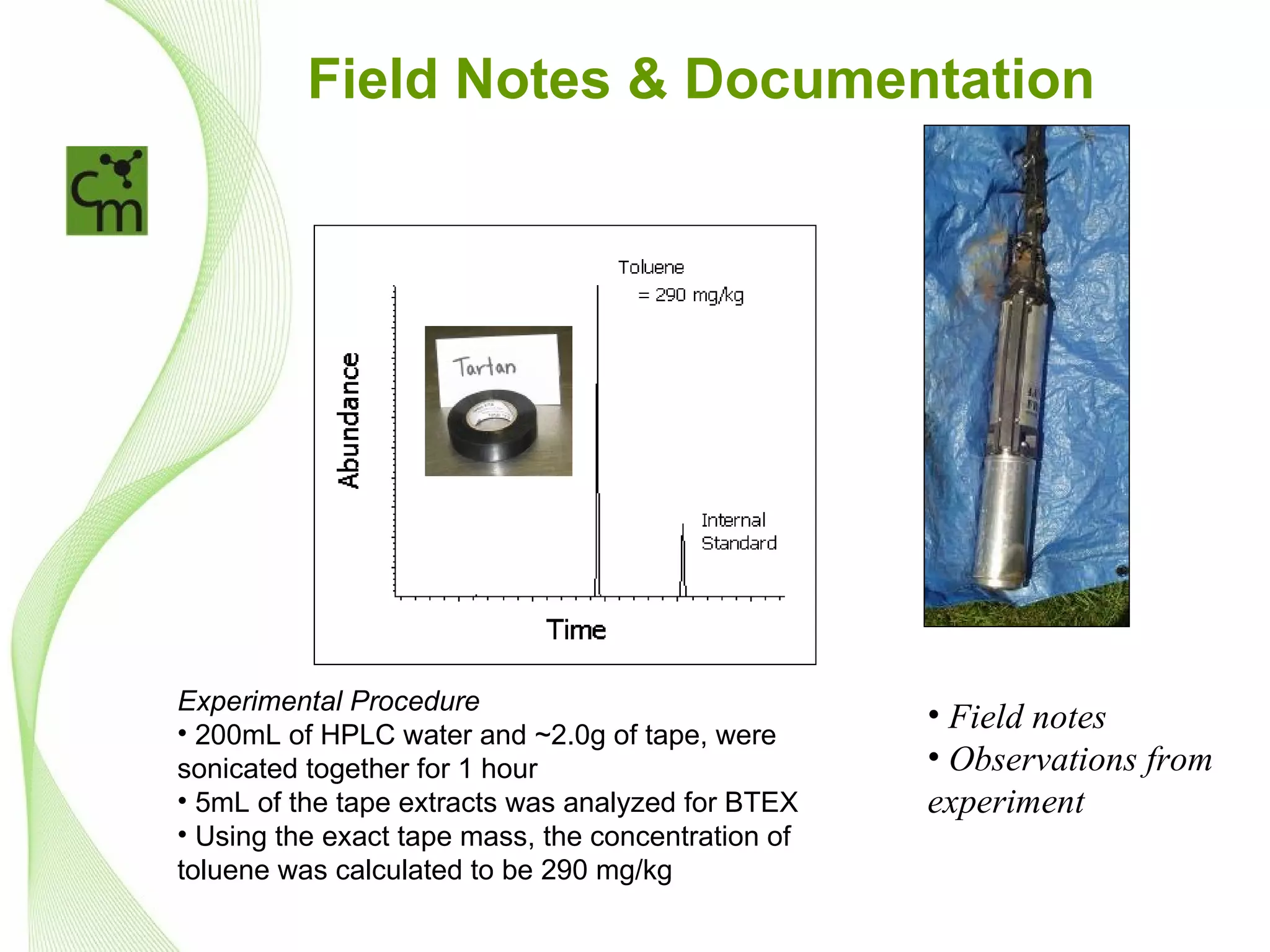 Field Notes & Documentation




Experimental Procedure
• 200mL of HPLC water and ~2.0g of tape, were
                                                    • Field notes
sonicated together for 1 hour                       • Observations from
• 5mL of the tape extracts was analyzed for BTEX    experiment
• Using the exact tape mass, the concentration of
toluene was calculated to be 290 mg/kg
 
