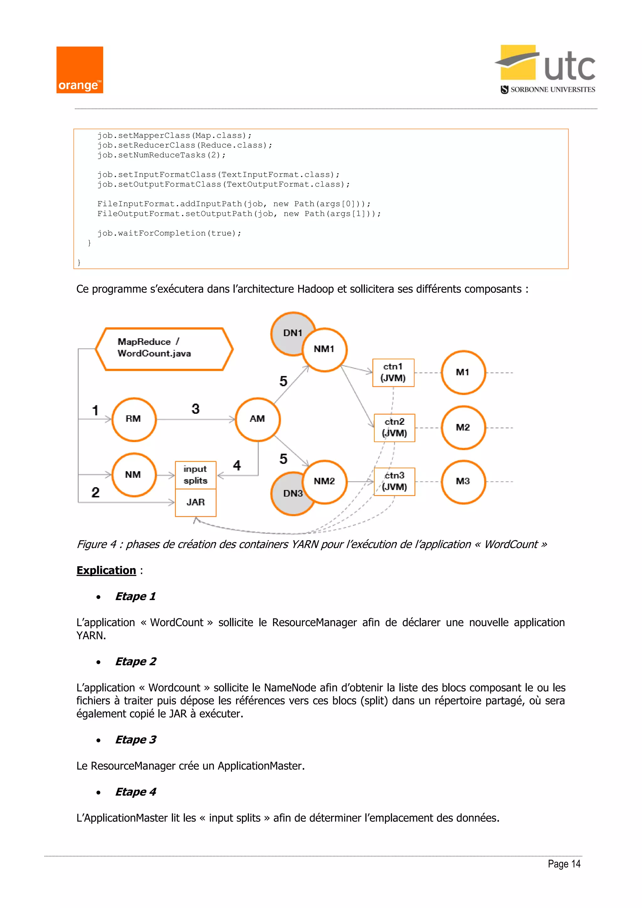 Page 14
job.setMapperClass(Map.class);
job.setReducerClass(Reduce.class);
job.setNumReduceTasks(2);
job.setInputFormatClass(TextInputFormat.class);
job.setOutputFormatClass(TextOutputFormat.class);
FileInputFormat.addInputPath(job, new Path(args[0]));
FileOutputFormat.setOutputPath(job, new Path(args[1]));
job.waitForCompletion(true);
}
}
Ce programme s’exécutera dans l’architecture Hadoop et sollicitera ses différents composants :
Figure 4 : phases de création des containers YARN pour l’exécution de l’application « WordCount »
Explication :
 Etape 1
L’application « WordCount » sollicite le ResourceManager afin de déclarer une nouvelle application
YARN.
 Etape 2
L’application « Wordcount » sollicite le NameNode afin d’obtenir la liste des blocs composant le ou les
fichiers à traiter puis dépose les références vers ces blocs (split) dans un répertoire partagé, où sera
également copié le JAR à exécuter.
 Etape 3
Le ResourceManager crée un ApplicationMaster.
 Etape 4
L’ApplicationMaster lit les « input splits » afin de déterminer l’emplacement des données.
 