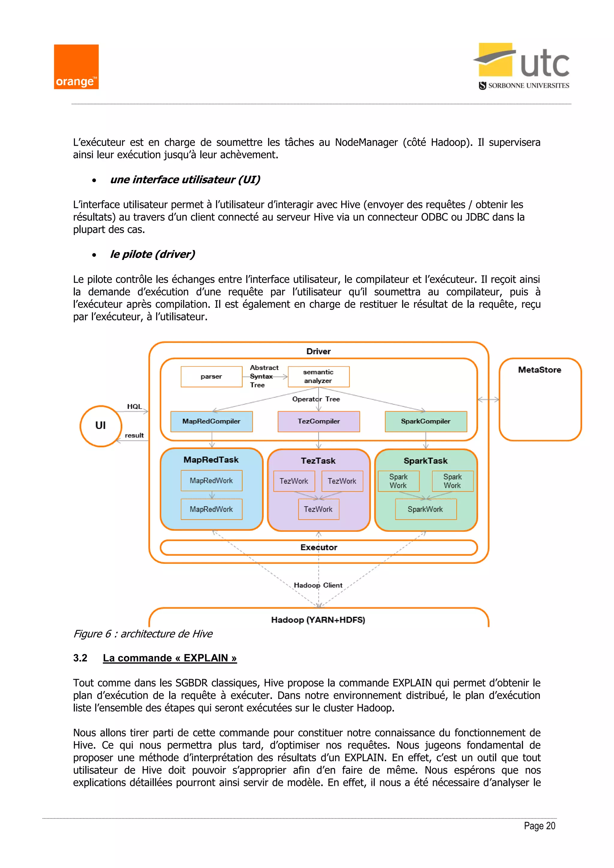 Page 20
L’exécuteur est en charge de soumettre les tâches au NodeManager (côté Hadoop). Il supervisera
ainsi leur exécution jusqu’à leur achèvement.
 une interface utilisateur (UI)
L’interface utilisateur permet à l’utilisateur d’interagir avec Hive (envoyer des requêtes / obtenir les
résultats) au travers d’un client connecté au serveur Hive via un connecteur ODBC ou JDBC dans la
plupart des cas.
 le pilote (driver)
Le pilote contrôle les échanges entre l’interface utilisateur, le compilateur et l’exécuteur. Il reçoit ainsi
la demande d’exécution d’une requête par l’utilisateur qu’il soumettra au compilateur, puis à
l’exécuteur après compilation. Il est également en charge de restituer le résultat de la requête, reçu
par l’exécuteur, à l’utilisateur.
Figure 6 : architecture de Hive
3.2 La commande « EXPLAIN »
Tout comme dans les SGBDR classiques, Hive propose la commande EXPLAIN qui permet d’obtenir le
plan d’exécution de la requête à exécuter. Dans notre environnement distribué, le plan d’exécution
liste l’ensemble des étapes qui seront exécutées sur le cluster Hadoop.
Nous allons tirer parti de cette commande pour constituer notre connaissance du fonctionnement de
Hive. Ce qui nous permettra plus tard, d’optimiser nos requêtes. Nous jugeons fondamental de
proposer une méthode d’interprétation des résultats d’un EXPLAIN. En effet, c’est un outil que tout
utilisateur de Hive doit pouvoir s’approprier afin d’en faire de même. Nous espérons que nos
explications détaillées pourront ainsi servir de modèle. En effet, il nous a été nécessaire d’analyser le
 