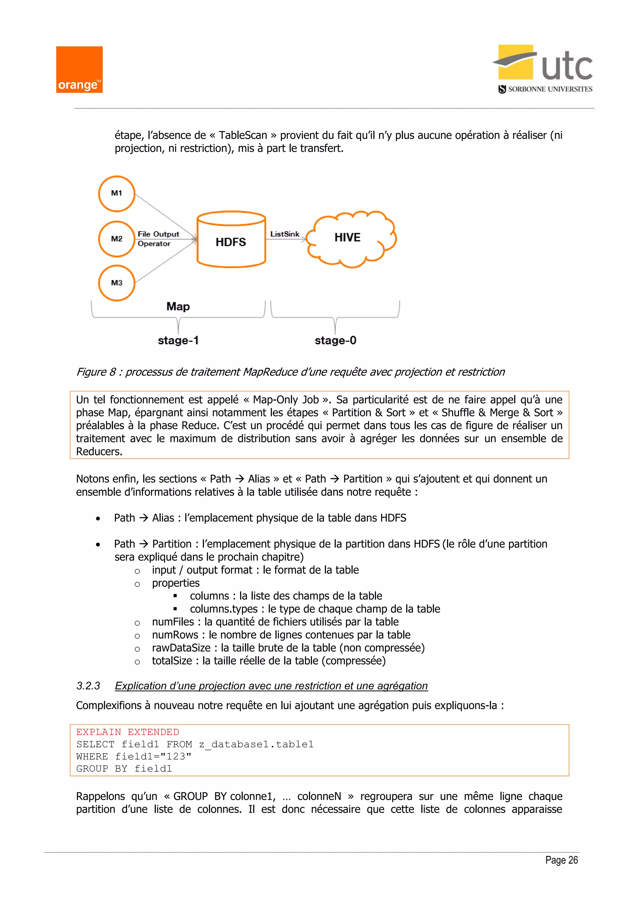 Page 26
étape, l’absence de « TableScan » provient du fait qu’il n’y plus aucune opération à réaliser (ni
projection, ni restriction), mis à part le transfert.
Figure 8 : processus de traitement MapReduce d’une requête avec projection et restriction
Un tel fonctionnement est appelé « Map-Only Job ». Sa particularité est de ne faire appel qu’à une
phase Map, épargnant ainsi notamment les étapes « Partition & Sort » et « Shuffle & Merge & Sort »
préalables à la phase Reduce. C’est un procédé qui permet dans tous les cas de figure de réaliser un
traitement avec le maximum de distribution sans avoir à agréger les données sur un ensemble de
Reducers.
Notons enfin, les sections « Path  Alias » et « Path  Partition » qui s’ajoutent et qui donnent un
ensemble d’informations relatives à la table utilisée dans notre requête :
 Path  Alias : l’emplacement physique de la table dans HDFS
 Path  Partition : l’emplacement physique de la partition dans HDFS (le rôle d’une partition
sera expliqué dans le prochain chapitre)
o input / output format : le format de la table
o properties
 columns : la liste des champs de la table
 columns.types : le type de chaque champ de la table
o numFiles : la quantité de fichiers utilisés par la table
o numRows : le nombre de lignes contenues par la table
o rawDataSize : la taille brute de la table (non compressée)
o totalSize : la taille réelle de la table (compressée)
3.2.3 Explication d’une projection avec une restriction et une agrégation
Complexifions à nouveau notre requête en lui ajoutant une agrégation puis expliquons-la :
EXPLAIN EXTENDED
SELECT field1 FROM z_database1.table1
WHERE field1="123"
GROUP BY field1
Rappelons qu’un « GROUP BY colonne1, … colonneN » regroupera sur une même ligne chaque
partition d’une liste de colonnes. Il est donc nécessaire que cette liste de colonnes apparaisse
 