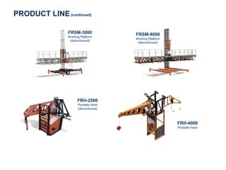 PRODUCT LINE (continued)

                FRSM-3000              FRSM-8000
                Working Platform
                                       Working Platform
                 (discontinued)
                                        (discontinued)




                      FRH-2500
                      Portable Hoist
                      (discontinued)



                                                          FRH-4000
                                                          Portable Hoist
 