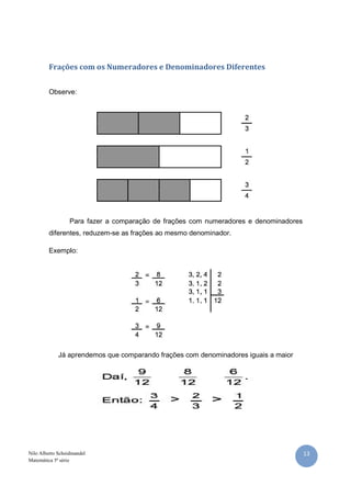 Frações com os Numeradores e Denominadores Diferentes


         Observe:




                  Para fazer a comparação de frações com numeradores e denominadores
         diferentes, reduzem-se as frações ao mesmo denominador.

         Exemplo:




             Já aprendemos que comparando frações com denominadores iguais a maior




Nilo Alberto Scheidmandel                                                              13
Matemática 5ª série
 