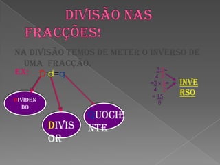            Divisão nas fracções!Na divisão temos de meter o inverso de uma  fracção. Ex:3:2=                   4  5                  =3 x 5= 4    2= 15                     8D:d=qinversoDividendoquocientedivisor