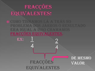 Fracções equivalentes!Como tínhamos lá a trás no problema dos jarros o resultado  era igual a isso chamamos Fracções equivalentes.14                  Ex:24De mesmo valorFracções equivalentes