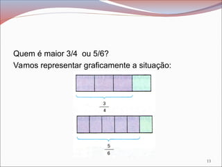 Quem é maior 3/4 ou 5/6?
Vamos representar graficamente a situação:
13
 