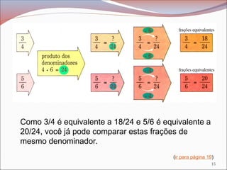 Como 3/4 é equivalente a 18/24 e 5/6 é equivalente a
20/24, você já pode comparar estas frações de
mesmo denominador.
(ir para página 19)
15
 