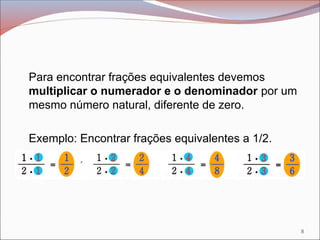 Para encontrar frações equivalentes devemos
multiplicar o numerador e o denominador por um
mesmo número natural, diferente de zero.
Exemplo: Encontrar frações equivalentes a 1/2.
8
 