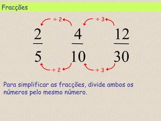 Fracções
30
12
10
4
5
2
÷ 2
Para simplificar as fracções, divide ambos os
números pelo mesmo número.
÷ 3
÷ 2 ÷ 3