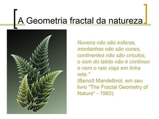 Nuvens não são esferas,
montanhas não são cones,
continentes não são círculos,
o som do latido não é contínuo
e nem o raio viaja em linha
reta."
(Benoît Mandelbrot, em seu
livro "The Fractal Geometry of
Nature" - 1983)
A Geometria fractal da natureza
 