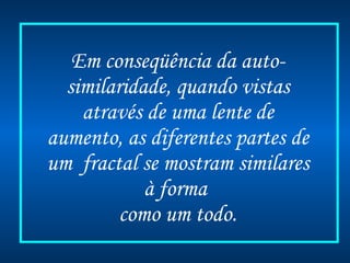 Em conseqüência da auto-similaridade, quando vistas através de uma lente de aumento, as diferentes partes de um  fractal se mostram similares à forma  como um todo. 