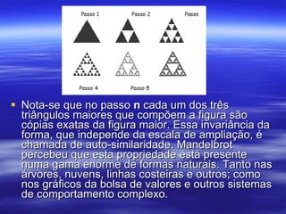 Nota-se que no passo  n  cada um dos três triângulos maiores que compõem a figura são cópias exatas da figura maior. Essa invariância da forma, que independe da escala de ampliação, é chamada de auto-similaridade. Mandelbrot percebeu que esta propriedade está presente numa gama enorme de formas naturais. Tanto nas árvores, nuvens, linhas costeiras e outros; como nos gráficos da bolsa de valores e outros sistemas de comportamento complexo. 