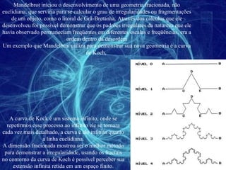 Mandelbrot iniciou o desenvolvimento de uma geometria fracionada, não euclidiana, que serviria para se calcular o grau de irregularidades ou fragmentações de um objeto, como o litoral de Grã-Bretanha. Através dos cálculos que ele desenvolveu foi possível demonstrar que os padrões irregulares da natureza que ele havia observado permaneciam freqüentes em diferentes escalas e freqüências, era a ordem dentro da desordem Um exemplo que Mandelbrot utiliza para demonstrar sua nova geometria é a curva de Koch,  A curva de Kock é um sistema infinito, onde se repetirmos esse processo ao infinito ele se tornara cada vez mais detalhado, a curva é tão infinita quanto a linha euclidiana. A dimensão fracionada mostrou ser o melhor método para demonstrar a irregularidade, usando os fractais no contorno da curva de Koch é possível perceber sua extensão infinita retida em um espaço finito. 