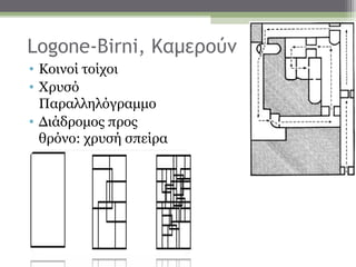 Logone-Birni, Καμερούν
• Κοινοί τοίχοι
• Χρυσό
  Παραλληλόγραμμο
• Διάδρομος προς
  θρόνο: χρυσή σπείρα
 