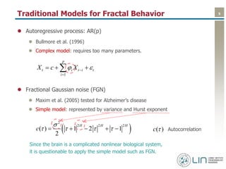 5Traditional Models for Fractal Behavior
 Autoregressive process: AR(p)
 Bullmore et al. (1996)
 Complex model: requires too many parameters.
 Fractional Gaussian noise (FGN)
 Maxim et al. (2005) tested for Alzheimer’s disease
 Simple model: represented by variance and Hurst exponent
1
p
t i t i t
i
X c X 

  
 
2
2 2 2
( ) 1 2 1
2
H H H
c

        ( )c  Autocorrelation
Since the brain is a complicated nonlinear biological system,
it is questionable to apply the simple model such as FGN.
 