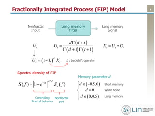 6Fractionally Integrated Process (FIP) Model
Long memory
filter
Nonfractal
Input
Long memory
Signal
tU
 
   1 1
t
d d t
G
d t
 

   
t t tX U G 
2
( ) 1 ( )
dif
uS f e S f

 
Spectral density of FIP
 1
d
t tU L X  L : backshift operator
 
 
0.5,0
0
0,0.5
d
d
d
 


 
Short memory
White noise
Long memory
Memory parameter d
Controlling
Fractal behavior
Nonfractal
part
 