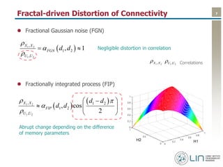 7Fractal-driven Distortion of Connectivity
 Fractional Gaussian noise (FGN)
 Fractionally integrated process (FIP)
 
 1 2
1 2
, 1 2
1 2
,
, cos
2
X X
FIP
U U
d d
d d
 


 
  
 
 1 2
1 2
,
1 2
,
, 1
X X
FGN
U U
d d



 
1 2,X X Correlations1 2,U U
Negligible distortion in correlation
Abrupt change depending on the difference
of memory parameters
 