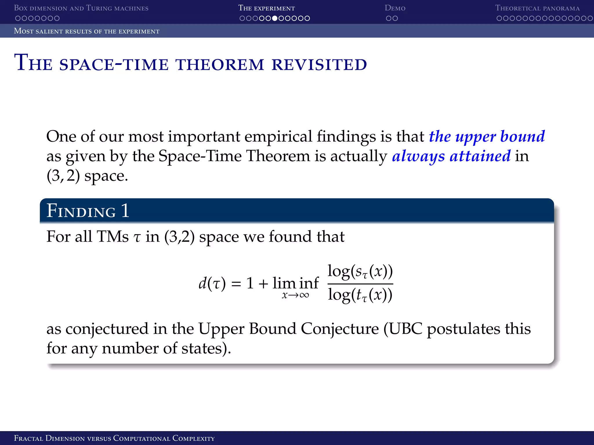 Box dimension and Turing machines The experiment Demo Theoretical panorama Most salient results of the experiment The space-time theorem revisited One of our most important empirical ﬁndings is that the upper bound as given by the Space-Time Theorem is actually always attained in (3, 2) space. Finding 1 For all TMs τ in (3,2) space we found that d(τ) = 1 + lim inf x→∞ log(sτ (x)) log(tτ (x)) as conjectured in the Upper Bound Conjecture (UBC postulates this for any number of states). Fractal Dimension versus Computational Complexity 