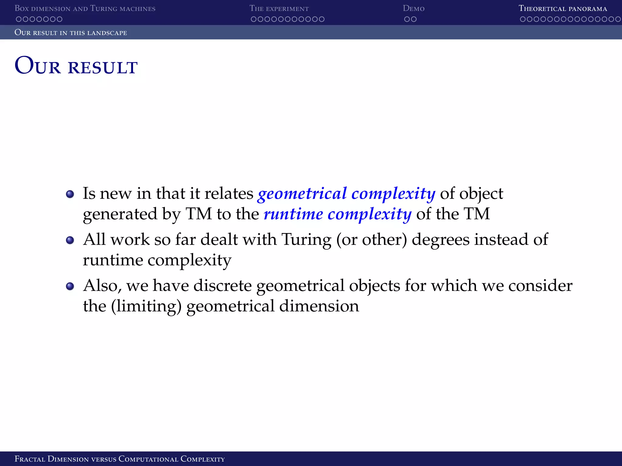 Box dimension and Turing machines The experiment Demo Theoretical panorama Our result in this landscape Our result Is new in that it relates geometrical complexity of object generated by TM to the runtime complexity of the TM All work so far dealt with Turing (or other) degrees instead of runtime complexity Also, we have discrete geometrical objects for which we consider the (limiting) geometrical dimension Fractal Dimension versus Computational Complexity 